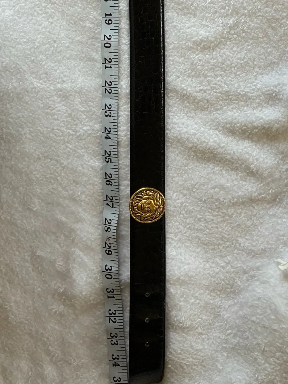 Black Leather Belt with Gold Medallion and Chain Accent